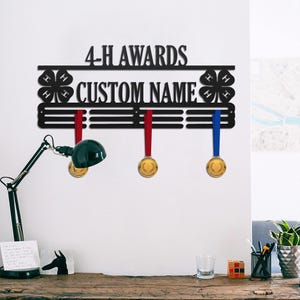 4-H Medal Hanger Monogram, 4-Leaf clover sign, 4-Leaf clover gift, 12 Tiers for Medals & Ribbons, Teamwork, metal signs, art, 4 wall decor
