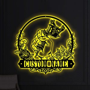 Custom Name Tattoo Machine Sign LED Light, Personalized Tattoo Studio Metal Sign,Tattoo Shop Wall Art,Tattoo Parlor Decor,Tattoo Artist Gift