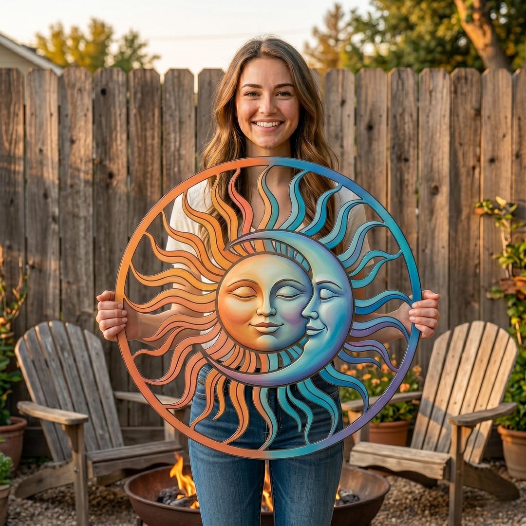 Celestial Sun and Moon Metal Sign, Boho Wall Art for Outdoor Decor ...