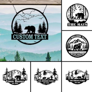 Personalized Metal Bear Sign, Bear Family & Pine Trees Custom Sign, Woodland Animal Metal Decor, Cabin Decor, Outdoor Bear Decor, Door Decor