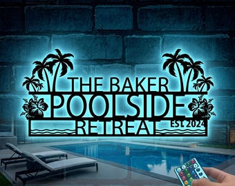 May include: A black metal wall sign with backlighting featuring palm trees, hibiscus flowers, and wavy lines. The text reads THE BAKER POOLSIDE RETREAT EST 2024. The sign is illuminated with a bright cyan glow against a dark brick wall background.