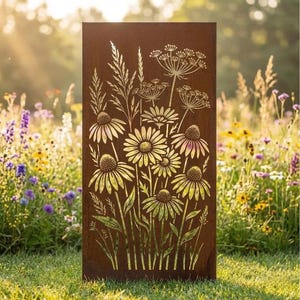 Wildblumen-Gartenplatte, Wiesenblumen-Metallgartenkunst, Blumengartendekor im Freien