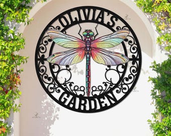 Personalized Dragonfly Garden Metal Sign Wall, Dragonfly Yard Stake, Personalized Garden Decor, Custom Garden Name Sign, Dragonfly Yard Art
