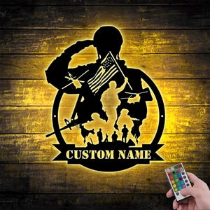 Custom US Soldier Military Metal Wall Art LED Lights Personalized American Army Name Sign Home Decor Veteran Patriotic Decoration Xmas gifts