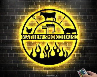 Customized BBQ Metal Sign with Led Light,Personalized BBQ Name Sign, Smokehouse Metal Sign, Barbecue Metal Sign, Patio Metal Sign, BBQ Decor
