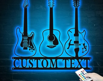 Personalized Guitar Metal Sign with LED Light, Silhouette Guitar Player Name Sign, Guitar Wall Art, Music Studio Decor Gift for Guitar Lover