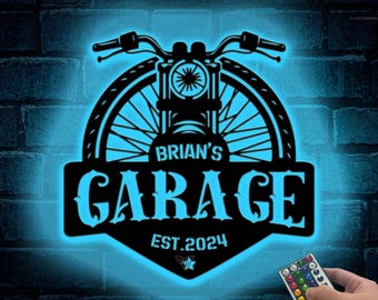 Kundenspezifisches Motorrad-Garagenschild-LED-Licht, personalisierte Metallkunst, Metallgarage-Zeichen, Männerhöhle-Metallkunst, Vatertagsgeschenk, Motorrad-Metallschild