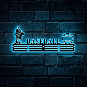 Custom Baseball Sport Medal Hanger with Led Lights - 12 Rungs for medals & Ribbons, Show Team Spirit, metal sign, Home Gift, Gift for dad