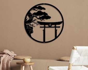 May include: Black metal wall art featuring a stylized Japanese pine tree and a torii gate with the kanji for "way" inscribed on the top. The design is framed in a circle.