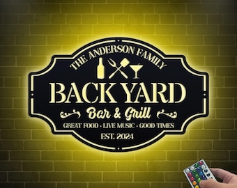 Personalisiertes Backyard Pool Metallschild mit LED-Leuchten, individuelles Bar & Grill-Schild Metallschild, Außenküche, Outdoor-Bar-Schild, Hinterhofdekor