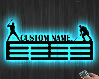 Male Sports Medal Hanger Led Light You Choose 2 Sports with Name, 12 Rungs for medals & Ribbons, Sports Medals, Kids Room, Choose 2 Sports