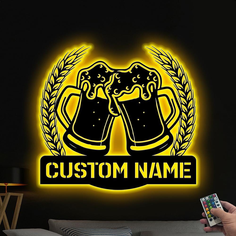 Personalized Beer Bar Metal Wall Art LED Light Custom Beer Mug Cheers ...