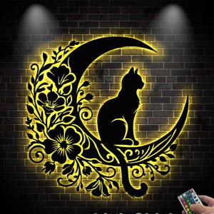 Floral Cat on The Crescent Moon Sunflower, Metal Wall Art with LED Light,  Floral Moon Cat Sign, Home Decor Sunflower,Cat Decoration Hanging