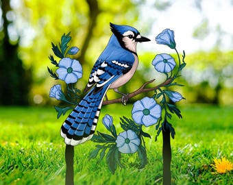 Estaca de jardín para arrendajo azul, arte de metal colorido para jardín, regalo para amantes de las aves, decoración de flores y pájaros para exteriores, decoración natural para arrendajo azul, arrendajo azul