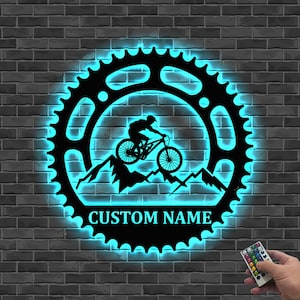 Custom Mountain Bike Metal Sign LED Lign , Biker Home Garage Decor , Mountain Bicycle Biking Metal Wall Art , Personalized Biker Name Sign