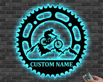 Custom mountainbike metalen bord led-verlichting, Biker Home Garage Decor, Mountainbike fietsen metalen muurkunst, gepersonaliseerd naambord biker