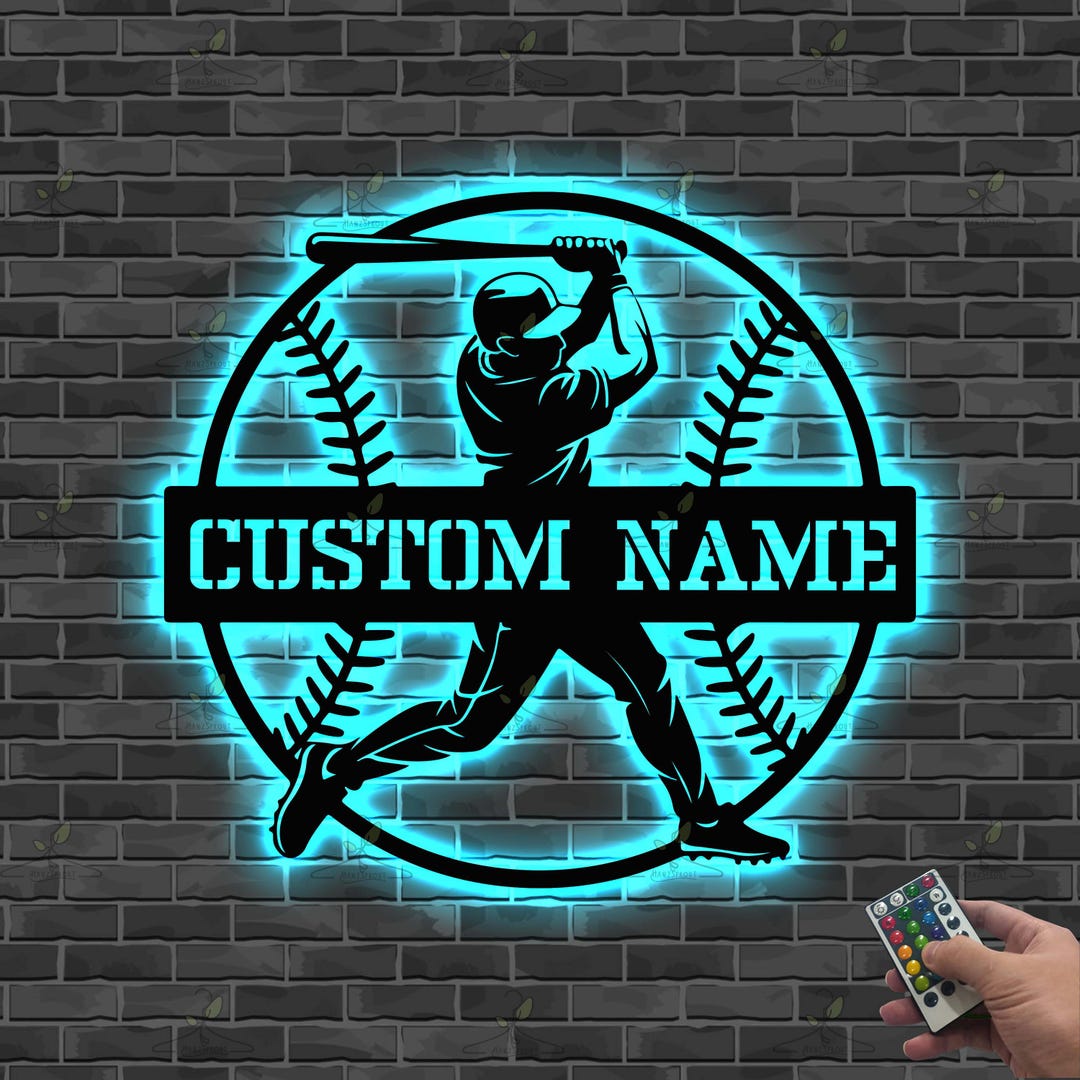 Custom Name Baseball Batting Metal Sign LED Light, Sports Wall Decor ...