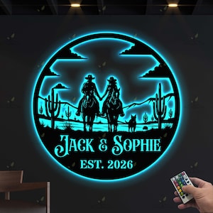 Personalized Cowboy Cowgirl Couple Metal Wall Art LED Light Custom Family Name Sign Home Decor Horse Farmhouse Barn Nursery Decoration Xmas