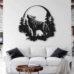 May include: Black metal wall art featuring a wolf howling at the moon in a forest setting. The wolf is silhouetted against a full moon and surrounded by trees.