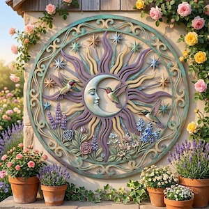 Könnte beinhalten: Eine kreisförmige Wandplatte mit einem zentralen Mondsichelgesicht, umgeben von strahlenden Sonnenstrahlen, drei Kolibris und Blumenmotiven. Das Design umfasst Sterne und Schnörkel in Türkis-, Lila- und Goldtönen aus Metall.
