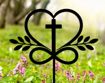Estaca de jardín con forma de corazón de cruz de metal infinito / Letrero conmemorativo cristiano / Decoración de jardín religiosa / Regalo de condolencias y recuerdo / Pérdida de un ser querido