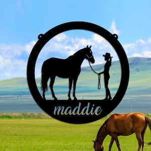Plaque signalétique personnalisée pour box, décoration de chambre sur le thème équestre personnalisée, récompense de course de barils, cadeau pour propriétaire de cheval, plaque de cavalier