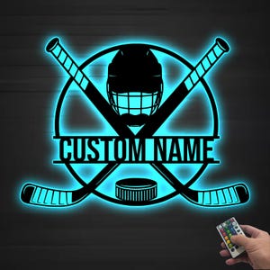 Art mural personnalisé en métal de hockey sur glace, lumières LED, signes de bâton de joueur personnalisés, décoration d&#39;intérieur, enfant, garçon, amant, décoration de chambre d&#39;enfant, cadeau de Noël
