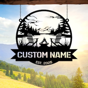 Personalized MetalLake Outdoor Sign | LAKE SCENE | Custom Campfire Name Sign | Camper RV Decor | Lake House Sign | Name Sign | River House