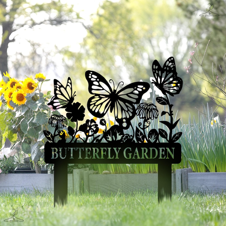 May include: Black metal garden sign with the text "Butterfly Garden" and a silhouette of butterflies and flowers.