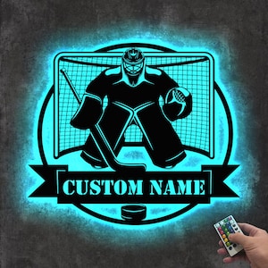 Personalized Ice Hockey Player Metal Wall Art LED Light Custom Man Hockey Goaltender Name Sign Home Decor Male Goalie Decoration Christmas