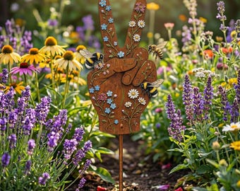 Boho Peace Zeichen Gartenstecker, Hippie Outdoor Metall Dekor, Wildblumen Yard Art
