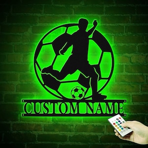 Custom Man Soccer Metal Wall Art LED Light, Personalized Football Player Name Sign Home Décor, Kid Boy Girl Nursery Decoration
