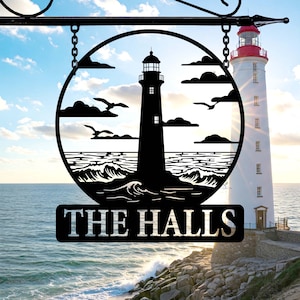Custom Lighthouse Metal Sign,Lighthouse Metal Wall Art,Outdoor Beach House Decor,Personalized Lighthouse Family Name Sign,Coastal Beach Sign