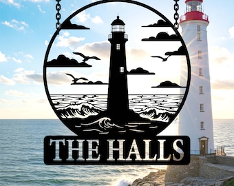 Custom Lighthouse Metal Sign,Lighthouse Metal Wall Art,Outdoor Beach House Decor,Personalized Lighthouse Family Name Sign,Coastal Beach Sign