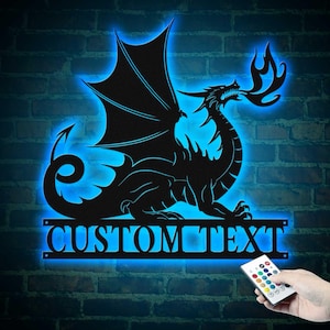 Custom Dragon Metal Wall Art LED Light Personalized Dragon Lover Name Sign Home Decor Kid Boy Girl Nursery Decoration Birthday Housewarming