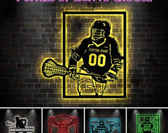 Customized Lacrosse Sign Metal Wall Art Led Lights, Lacrosse Sticks and Helmet, Lacrosse Player Gift Xmas Birthday Gift, Lacrosse Home Decor