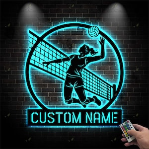 Custom Female Volleyball Metal Wall Art LED Light, Personalized Volleyball Player Name Sign, Sport Room Decor, Gift For Her, Volleyball Art