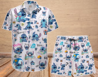Disney Stitch Button Shirt, Lilo And Stitch Shirt And Shorts, Disney Character Shirt For Men, Stitch Summer Shirt For Him, Gift For Him