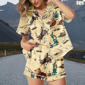 Horse Western Short Satin Pajamas, Cowboy Rodeo Sleepwear Set, Silky Pajama Set For Women, Horse Lover Short Sleeve Pajamas