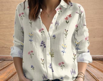 Wildflower Blouse Shirt, Aesthetic Flower Women Shirt, Natural Lover Long Sleeve Shirt, Plant Lover Shirt For Her, Floral Graphic Shirt