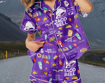 Taco Bell Short Satin Pajamas, Fast Food Inspired Pajama Set, Cute Satin Pajamas For Women, Taco Bell Fan Short Sleeve Pajamas
