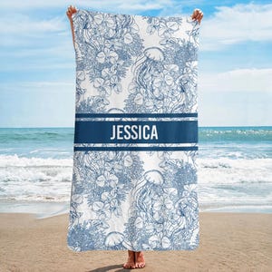 Toile De Jouy Ocean Art Beach Towel, Personalized Beach Love Travel Towel, Toile De Jouy Style Pool Towel, Custom Name Swimming Towel