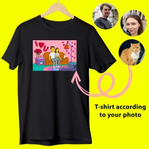 Maglietta con ritratto in stile cartone animato, ritratto di cartone animato, regali creativi personalizzati, regalo di compleanno, dipinto da foto, ritratto di famiglia.