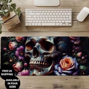 Gothic Mouse Pad, Skull and Flowers Mouse Pad, Floral Desk Mat, Vintage Desk Mat, Gothic Laptop Mat, Gothic Desk Decor, Gothic Decor