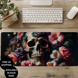 Gothic Mouse Pad, Skull and Flowers Mouse Pad, Floral Desk Mat, Vintage Desk Mat, Gothic Laptop Mat, Gothic Desk Decor, Gothic Decor