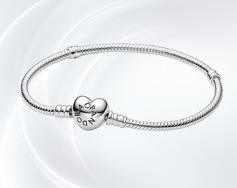 S925 Sterling Silver Minimalist Bracelet: Heart Clasp Snake Chain Pandora Bracelet - Everyday Charm Bracelet, Gift for Her