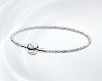 Pulseras de encanto minimalista Pandora, pulsera de encantos de cadena de serpiente de cuentas redondas de plata esterlina S925, pulsera de malla Pandora Moments, regalo para ella