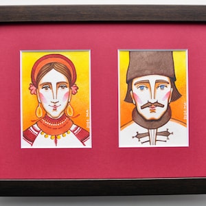 Miniatura original ACEO 64 × 89 mm "Casal". Série «Álbum de Família Ucraniano». Pintura em miniatura. Aquarela/lápis de cor.