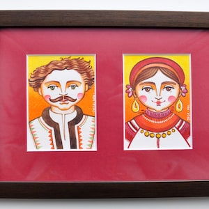 ACEO Original Art miniatura 64 × 89 mm "Recém-casados". Série «Álbum de Família Ucraniano». Pintura em miniatura. Aquarela / lápis de cor.