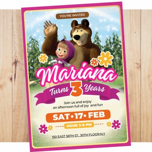 Invitacion de cumpleaños de masha y ele oso editable Masha and the bear invitation zdjęcie 2